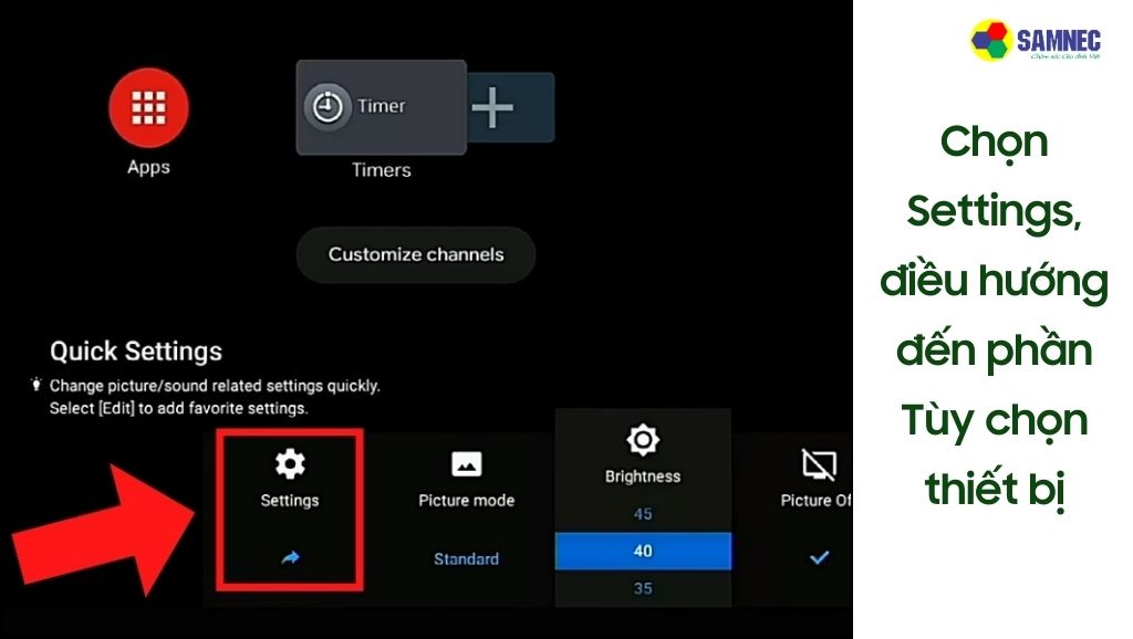 Chọn Settings để cập nhật phần mềm tivi Sony