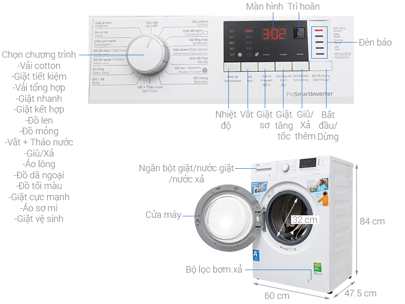 Thông sá» kỹ thuáºt Máy giặt Beko Inverter 7 kg WTE 7512 XS0