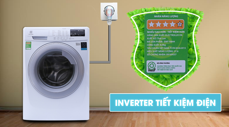 Nhãn tiết kiệm năng lượng đạt 5 sao Máy giặt Electrolux Inverter 8 kg EWF10844 tiết kiệm điện năng