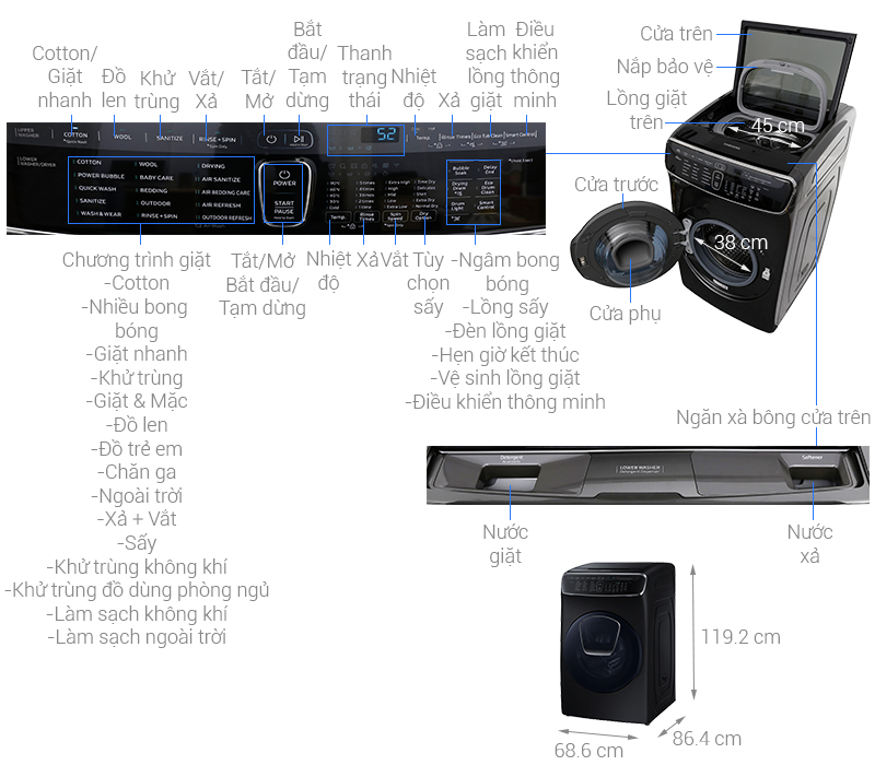 Thông sá» kỹ thuáºt Máy giặt sấy Samsung 21 kg FlexWash WR24M9960KV/SV