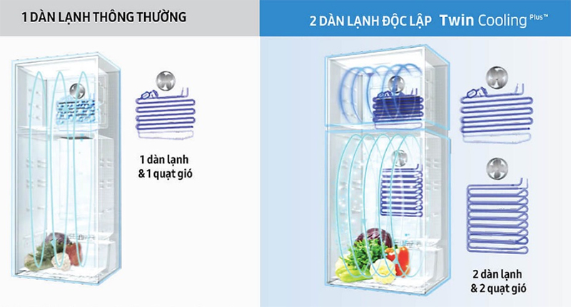 Hai dàn lạnh độc lập Twin Cooling Plus giúp giữ độ ẩm ổn định, làm lạnh nhanh, không lẫn mùi Hai dàn lạnh độc lập Twin Cooling Plus giúp giữ độ ẩm ổn định, làm lạnh nhanh, không lẫn mùi