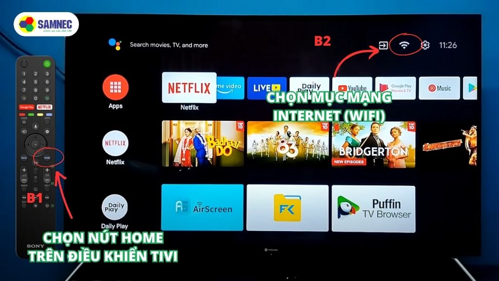 Bấm nút Home trên điều khiển và chọn mục Mạng Wifi (Wifi) trên tivi Sony