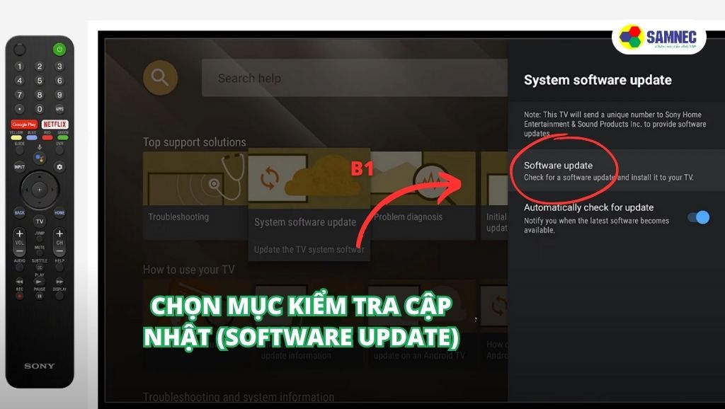 Chọn mục Kiểm tra cập nhật (Software update) trên tivi Sony