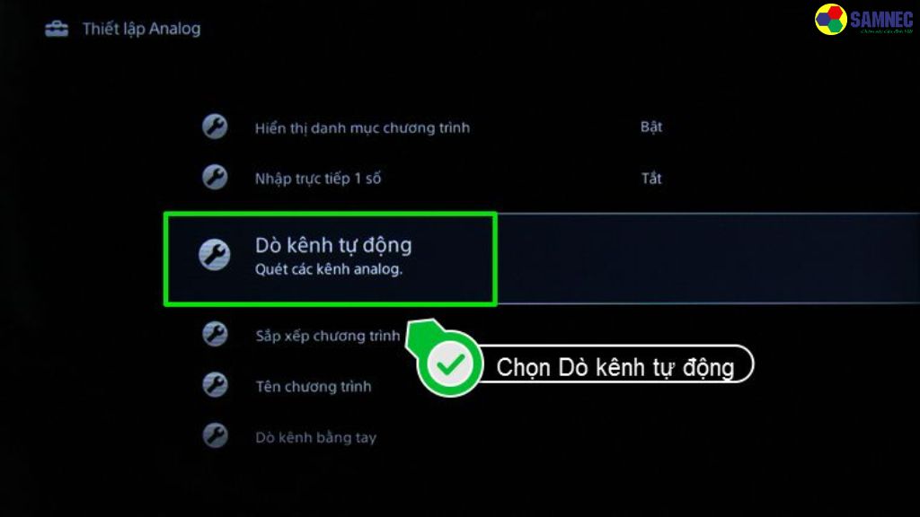 Bước 2: Trong mục Thiết lập Analog, bạn nhấn chọn Dò kênh tự động.