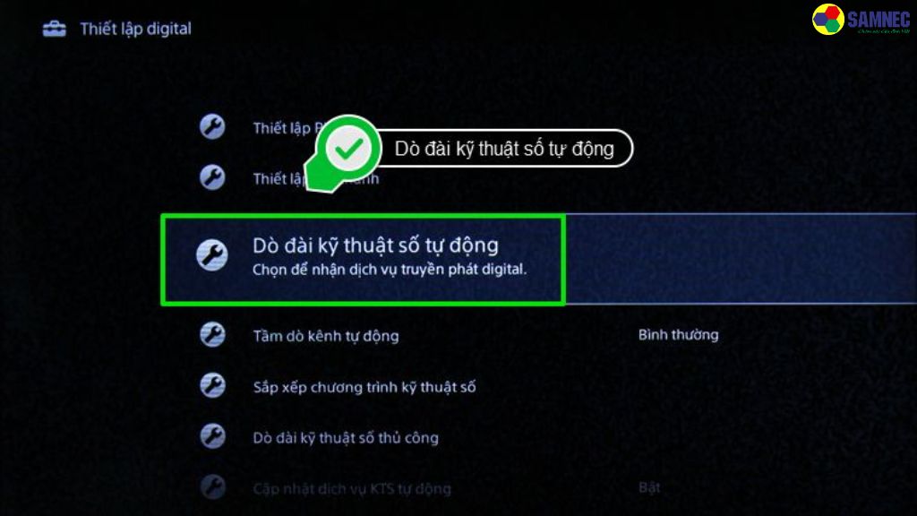 Trong Thiết lập digital, nhấn chọn Dò đài kỹ thuật số tự động.