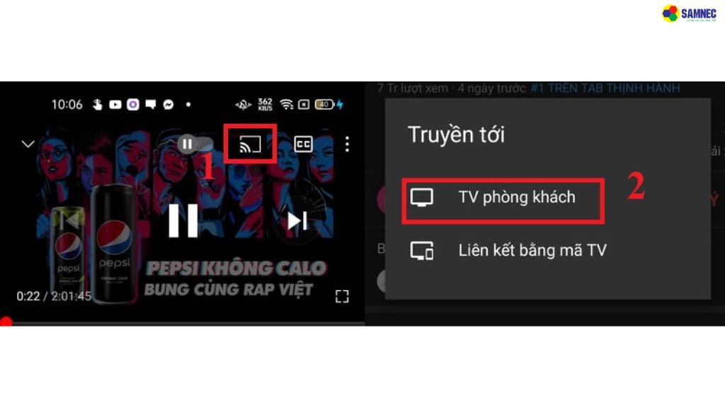 Nhấn vào biểu tượng truyền trên YouTube
