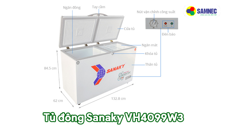 Kích thước tủ đông Sanaky 400 lít VH4099W3