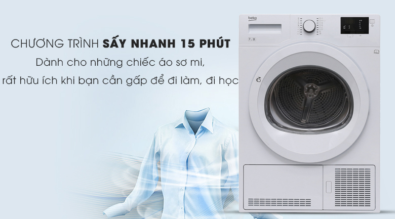 Sấy nhanh 15 phút - Máy sấy quần áo ngưng tụ Beko 8kg DU8133GA0W Sấy nhanh 15 phút - Máy sấy quần áo ngưng tụ Beko 8kg DU8133GA0W