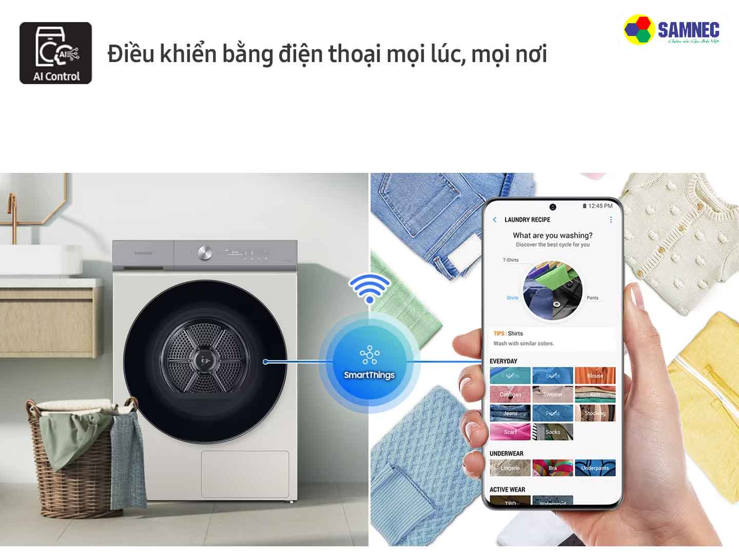 Điều khiển bằng điện thoại trên máy sấy quần áo Samsung Bespoke AI Heatpump DV17B9750CV/SV