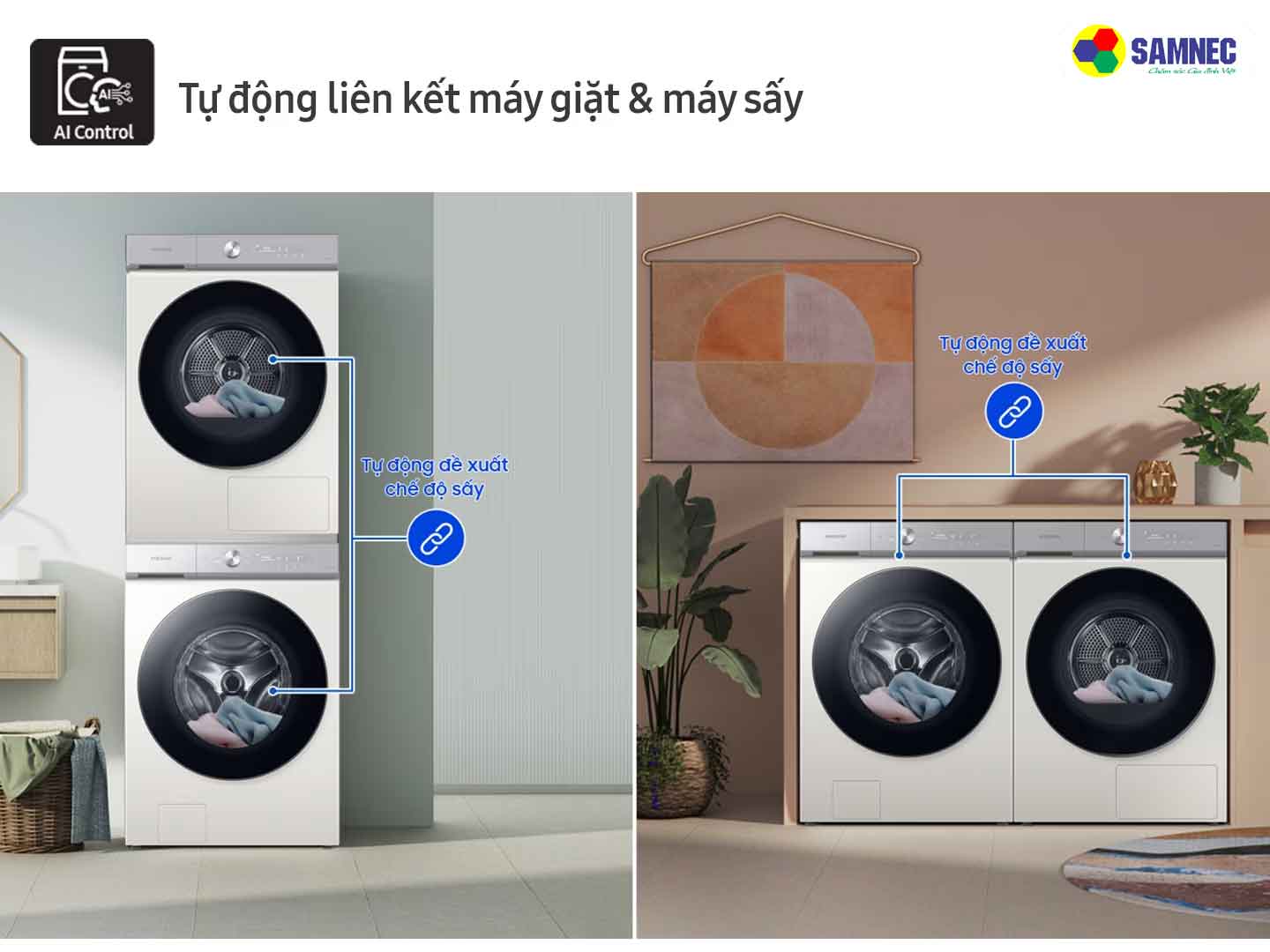 Tự động liên kết máy giặt, máy sấy trên máy sấy quần áo Samsung Bespoke AI Heatpump DV17B9750CV/SV