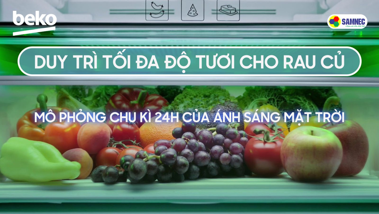 Rau củ được tươi ngon trong tủ lạnh beko nhờ công nghệ ánh sáng vi chất 3 màu