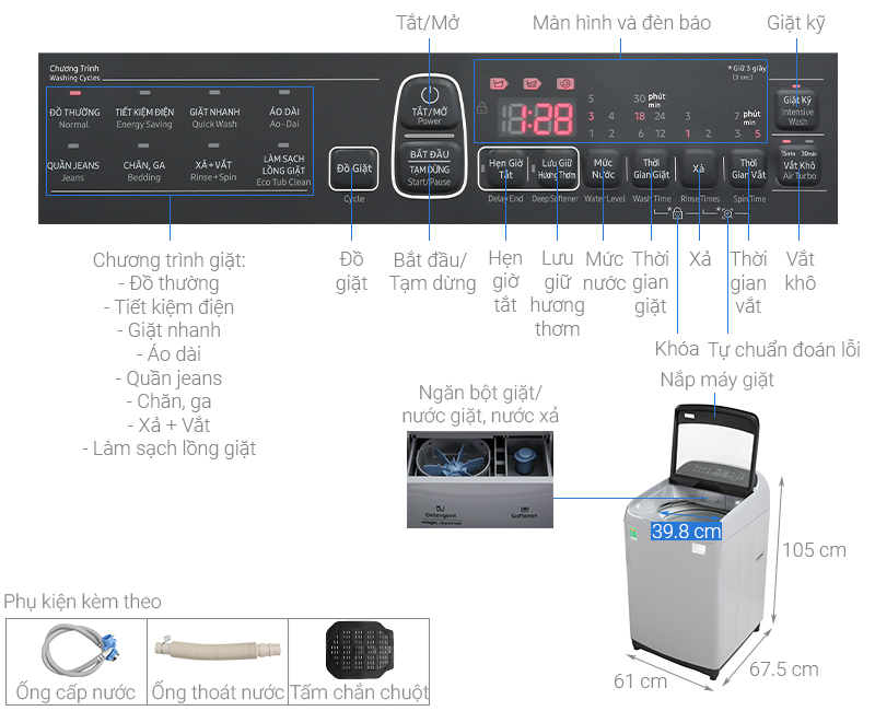 Thông số kỹ thuật Máy giặt Samsung Inverter 8.5 kg WA85T5160BY/SV