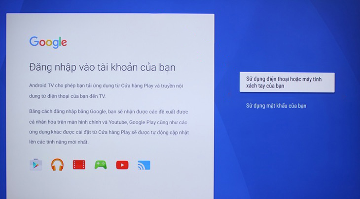 Nhập nhập tài khoản Google lên Android tivi Sony
