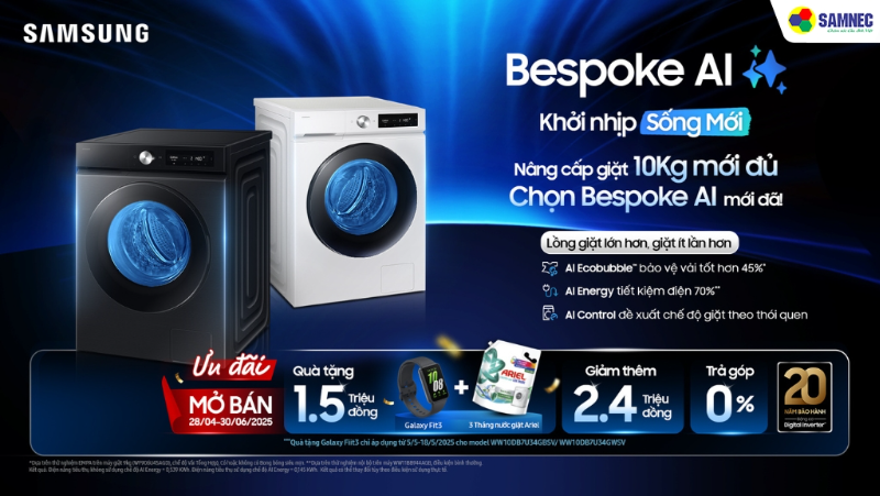 Đến Samnec Mua Máy Giặt Samsung Bespoke AI Cửa Trước Nhận Ngay Đồng Hồ Galaxy Fit 3